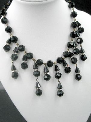 Vintage Black Glass Rhinestone Fringe Necklace