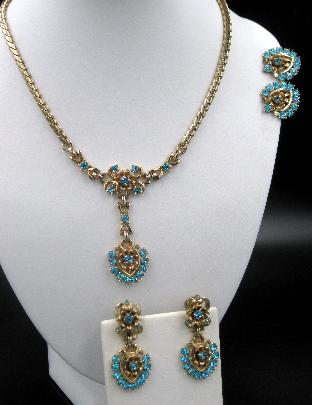 Vintage Signed Barclay Blue Rhinestone Necklace Two Pairs Earrings Set