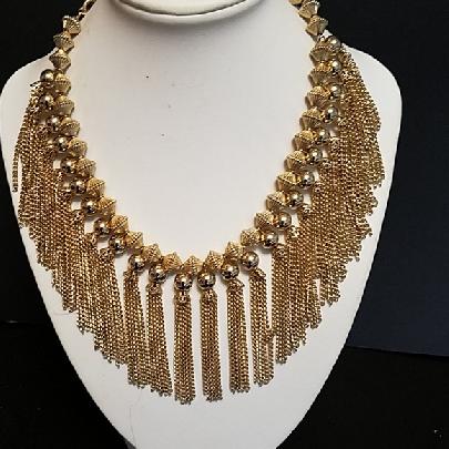 Vintage Gold Tone Bead and Long Fringe Necklace