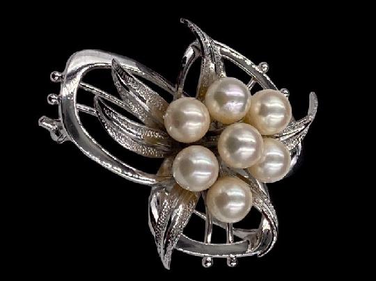 Vintage Silver and Cultured Pearl Floral Brooch